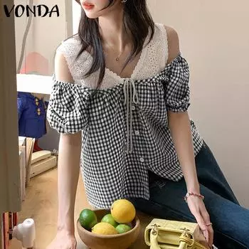VONDA Женские летние топы с коротким рукавом и без бретелек, кружевные, в стиле пэчворк, с клетчатым принтом S красный