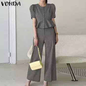 VONDA Женские летние топы с круглым вырезом и короткими рукавами, широкие брюки, комплекты S серый