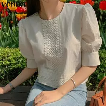VONDA женские летние топы с пышными рукавами и круглым вырезом, кружевная однотонная блузка