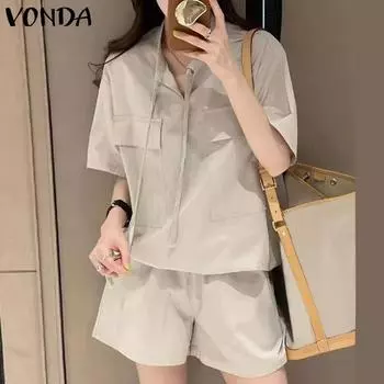 VONDA Женские летние топы с V-образным вырезом и короткими рукавами, карманами, широкими шортами S чёрный