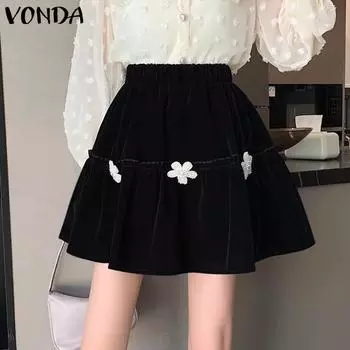 VONDA Женские летние юбки А-силуэта с цветочным принтом и высокой талией S чёрный