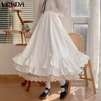 VONDA Женские летние юбки с высокой талией и кружевными оборками S белый