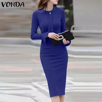 VONDA женские маленькие обтягивающие однотонные платья миди с длинными рукавами и жемчужными пуговицами на шее и воротником-стойкой 4XL синий