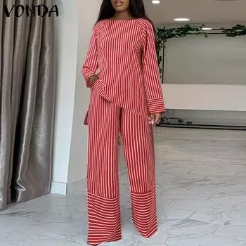VONDA женские маленькие свободные топы в полоску с круглым вырезом и длинными рукавами, длинные брюки 3XL красный