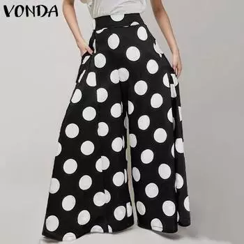VONDA Женские модные брюки-трапеция с боковыми карманами и принтом в горошек, широкие брюки S чёрный