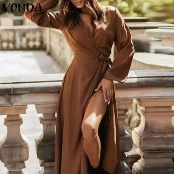 VONDA Женские модные однотонные платья с V-образным вырезом и длинными рукавами с разрезом M чёрный