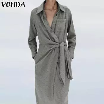 VONDA Женские модные однотонные платья с длинным рукавом и лацканами S зелёный
