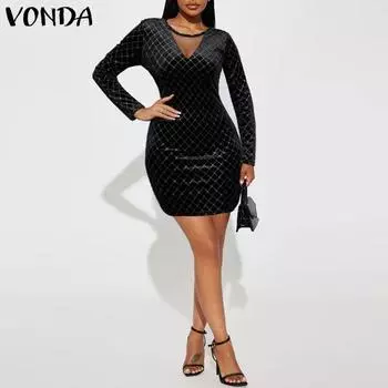 VONDA Женские модные однотонные платья с V-образным вырезом и длинными рукавами S чёрный