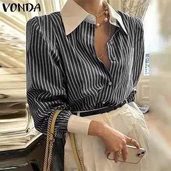 VONDA женские модные однотонные полосатые рубашки с длинным рукавом темно-синий