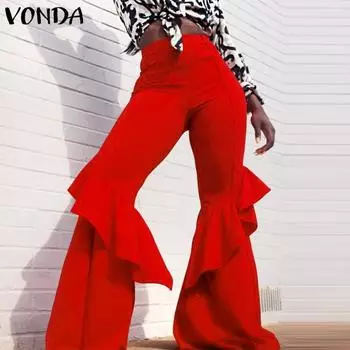 VONDA Женские модные однотонные узкие расклешенные брюки с оборками M чёрный