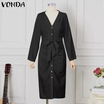 VONDA Женские модные однотонные завитые платья-рубашки с длинными рукавами и бретельками S чёрный