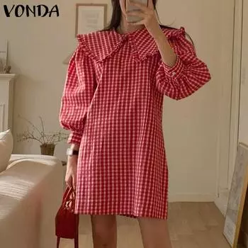 VONDA Женские модные платья-рубашки с длинным рукавом и кукольным вырезом 3XL синий