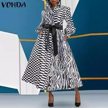 VONDA Женские модные платья-рубашки с длинным рукавом и воротником-стойкой XL чёрный