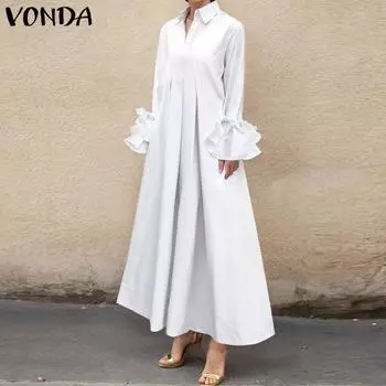 VONDA Женские модные платья с длинным рукавом и воротником-рубашкой S белый