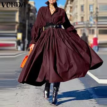 VONDA Женские модные платья с длинным рукавом и лацканами, однотонные, с большим подолом S чёрный