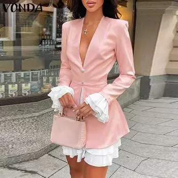 VONDA Женские модные платья с V-образным вырезом и длинными рукавами и оборками по подолу S чёрный