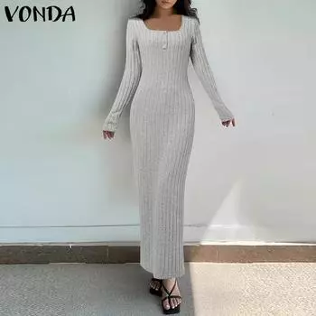 VONDA Женские модные платья-свитера с длинным рукавом и квадратным вырезом в полоску S синий
