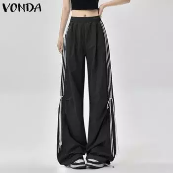 VONDA Женские модные полосатые брюки с завязками и широкими штанинами 5XL фиолетовый