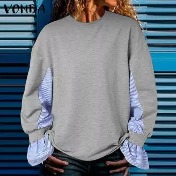 VONDA Женские модные свитера с круглым вырезом и длинными рукавами в полоску и оборками S чёрный