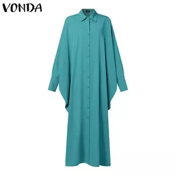 VONDA женские обычные свободные платья с воротником «летучая мышь» и пуговицами, сплошной цвет M красный