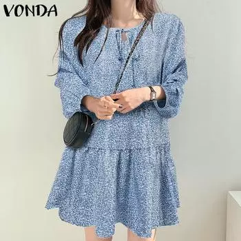 VONDA женские однотонные элегантные платья с круглым вырезом и длинным рукавом с завязками и цветочным принтом
