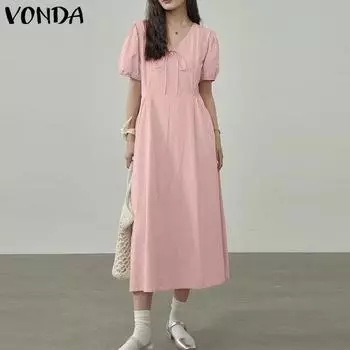 VONDA женские однотонные длинные платья миди с v-образным вырезом и короткими рукавами, завязками и большим ртом