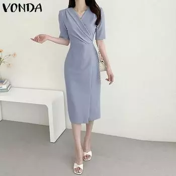 VONDA женские однотонные миди-платья с v-образным вырезом и короткими рукавами, плиссированные с разрезом и талией