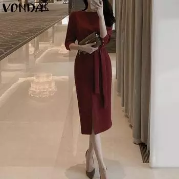 VONDA женские однотонные платья миди с круглым вырезом и длинным рукавом с завязками и разрезом 4XL хаки