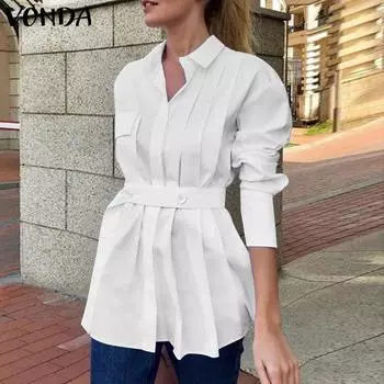 VONDA женские однотонные плиссированные офисные рубашки с длинным рукавом и поясом на талии 4XL чёрный