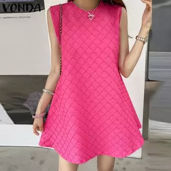 VONDA женские однотонные повседневные платья в клетку без рукавов с круглым вырезом и подолом