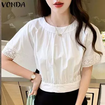 VONDA женские однотонные повседневные свободные топы с круглым вырезом