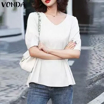VONDA женские однотонные повседневные топы с короткими рукавами-фонариками