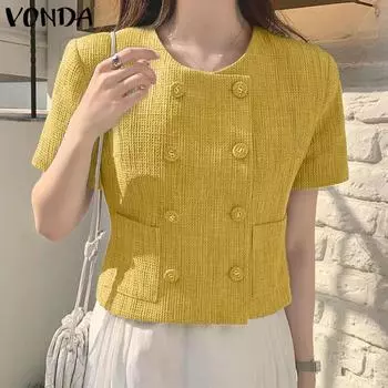 VONDA женские однотонные повседневные топы с круглым вырезом и короткими рукавами S жёлтый