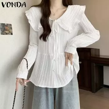 VONDA Женские осенние блузки с длинным рукавом в полоску с лацканами S чёрный