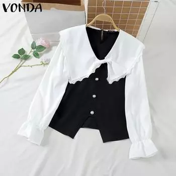 VONDA женские осенние блузки с длинным рукавом и кружевом с лацканами контрастного цвета S чёрный