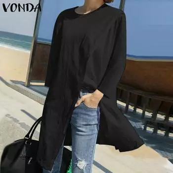 VONDA женские осенние блузки с круглым вырезом и длинным рукавом, асимметричный подол S чёрный