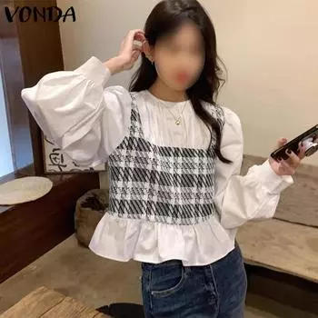 VONDA женские осенние блузки с круглым вырезом и имитацией двух частей в клетку с длинным рукавом S розовый