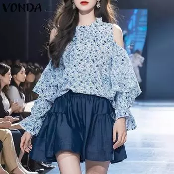 VONDA Женские осенние блузки с круглым вырезом и открытыми плечами с длинными рукавами и принтом S синий