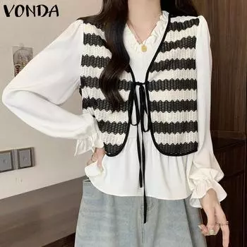 VONDA Женские осенние блузки с V-образным вырезом и длинными рукавами с оборками S чёрный