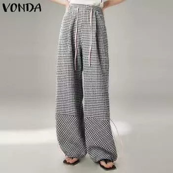 VONDA Женские осенние брюки в клетку с эластичной резинкой на талии и шнурком S чёрный
