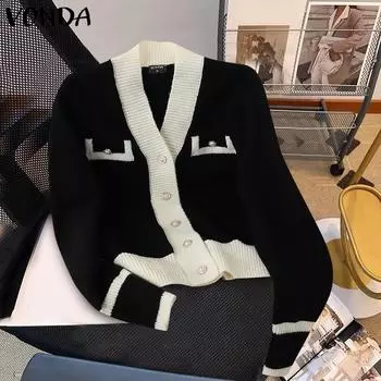 VONDA Женские осенние кардиганы с V-образным вырезом и длинными рукавами в стиле пэчворк M чёрный