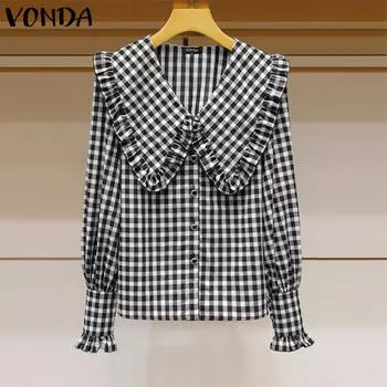 VONDA Женские осенние блузки с лацканами и клетчатым принтом, с длинными рукавами M чёрный