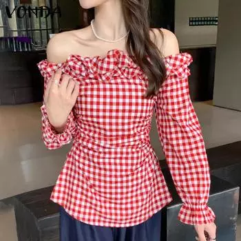 VONDA Женские осенние клетчатые блузки с открытыми плечами и длинными рукавами красный