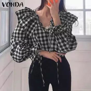 VONDA Женские осенние клетчатые блузки с V-образным вырезом и длинными рукавами, многослойные, с оборками 3XL синий