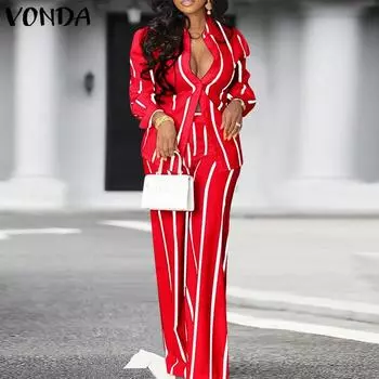 VONDA Женские осенние комплекты с длинными рукавами и полосатыми рубашками и брюками S чёрный