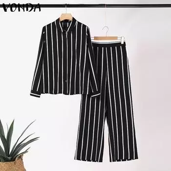 VONDA Женские осенние комплекты с длинными рукавами и полосатыми рубашками и брюками S чёрный