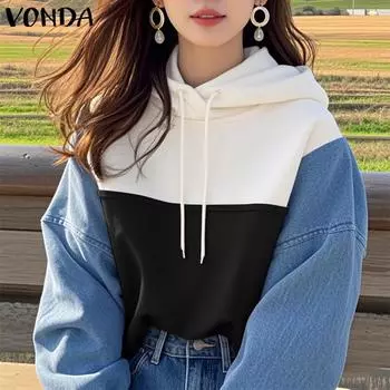 VONDA Женские осенние контрастные цветные толстовки с капюшоном и длинным рукавом S чёрный