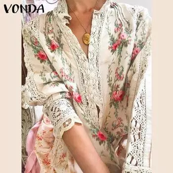 VONDA Женские осенние кружевные блузки с V-образным вырезом и цветочным принтом с длинным рукавом S бежевый