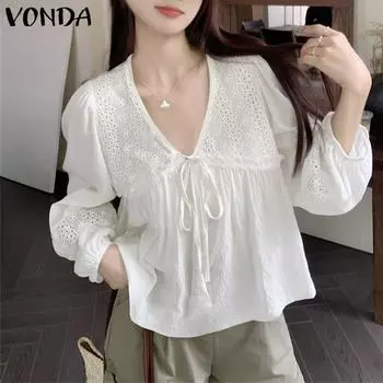 VONDA женские осенние кружевные блузки с V-образным вырезом и длинным рукавом, однотонные L белый