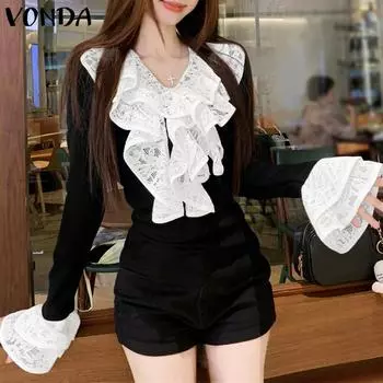 VONDA Женские осенние кружевные блузки с V-образным вырезом и длинными рукавами S коричневый